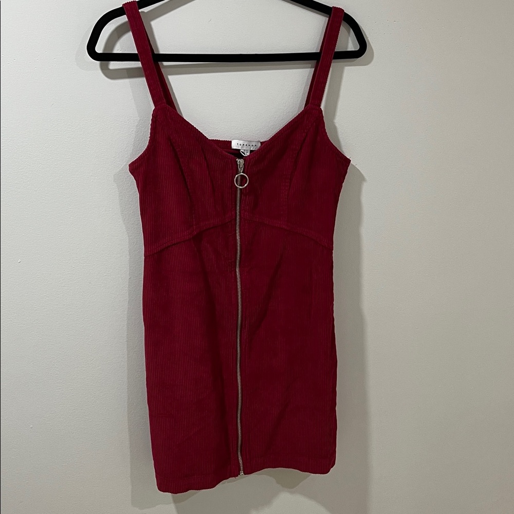 Topshop Women’s Corduroy Dress 6 Zipper Front Red Berry Layering Casual Mini